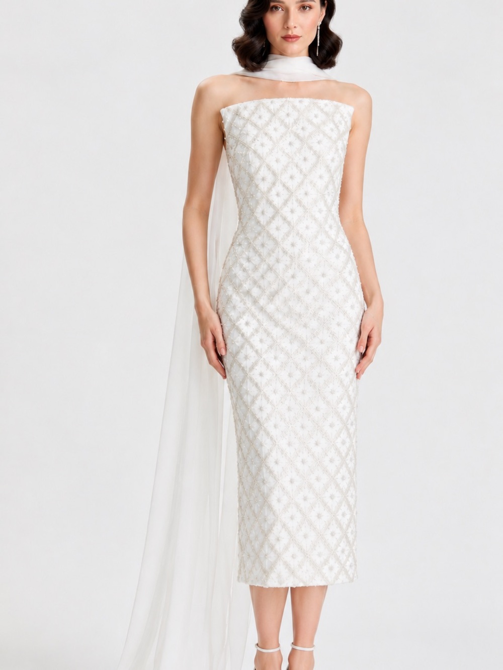 NADINE MERABI Strapless White Beaded Midi Dress with Sheer Scarf Detail